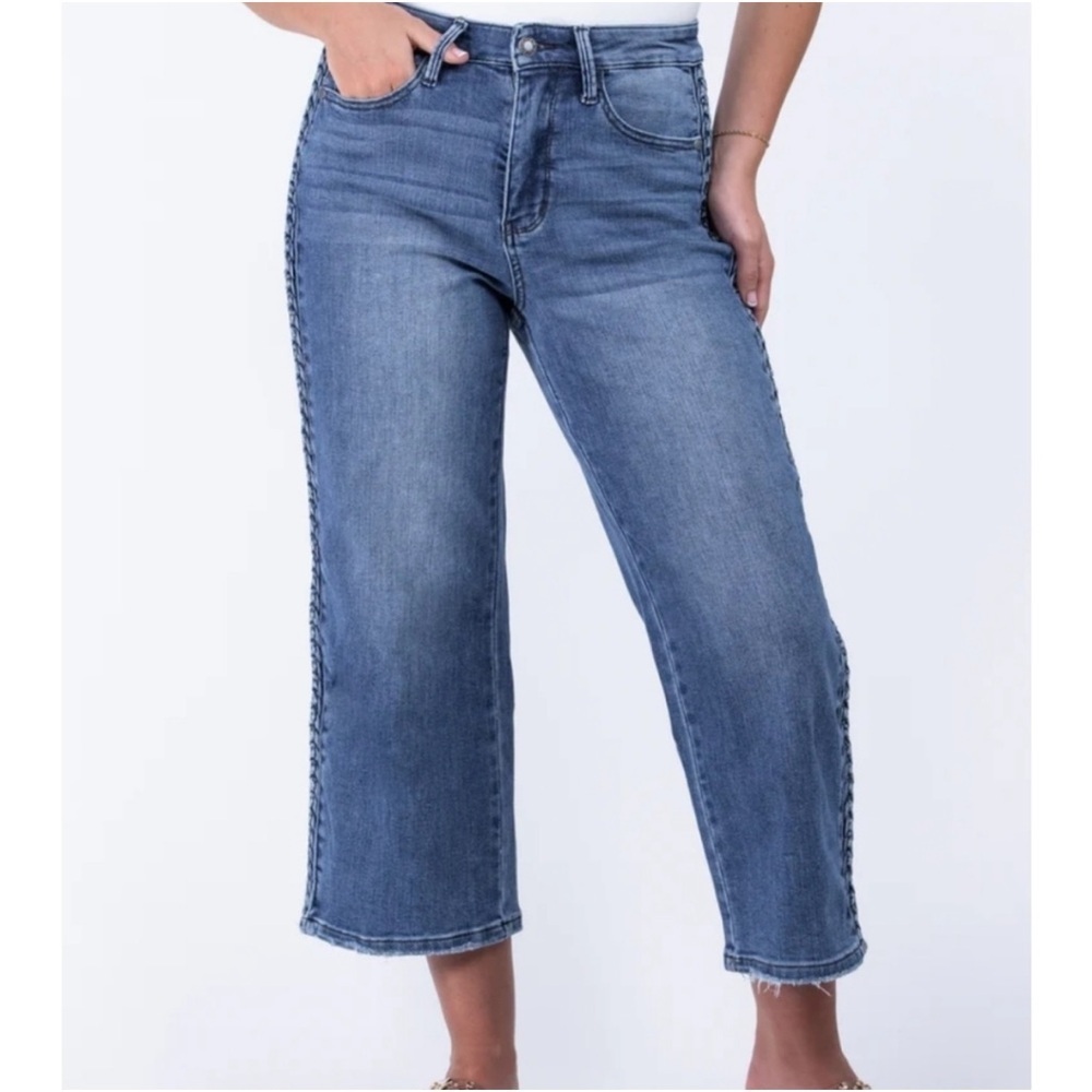 Judy Blue Aurora Braided Hi-Waist Wide Leg  5 Pocket Crop Blue Denim Jeans 15/32
